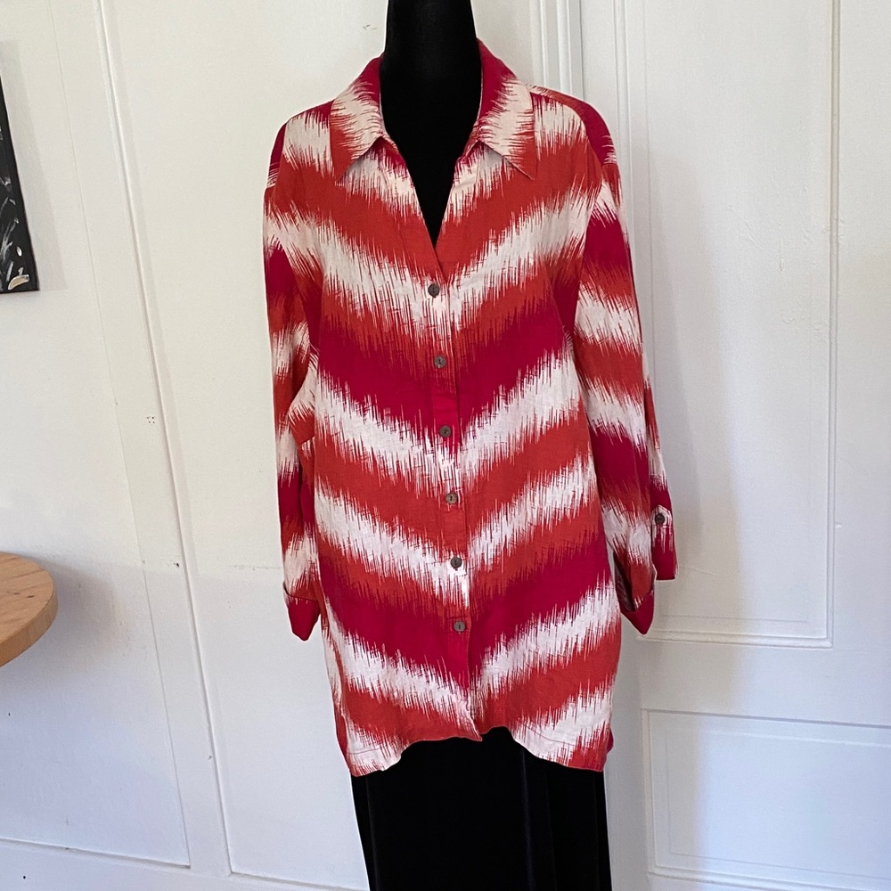 JM Collection Red and White Button Down Linen Top